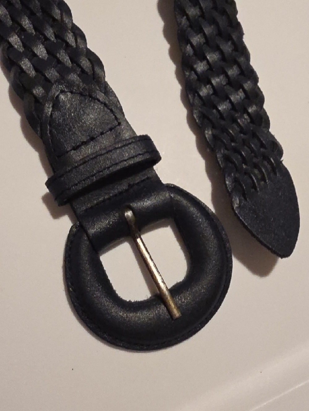 Vintage Navy Blue Braided Leather Belt with Round Leather Buckle